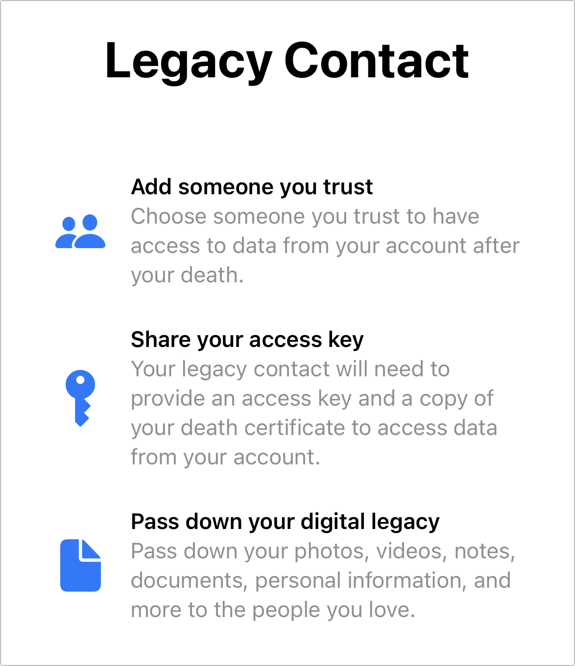 Figure 37: Apple provides extensive disclosure about what a legacy contact has access to and how they can proceed when you’re gone.