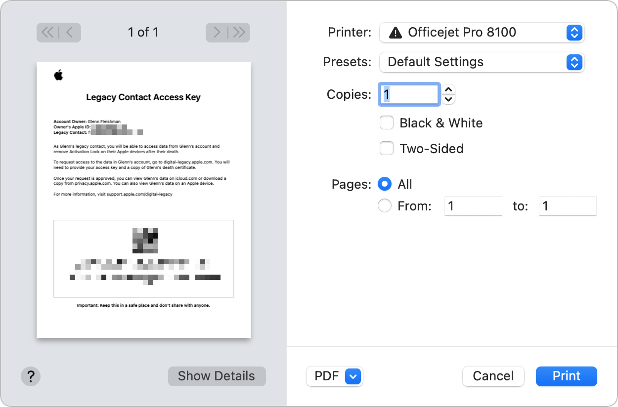 Figure 40: A printed copy (here printed from a Mac) includes an explanation of what this key is, details about the person, and the code as text and a QR code. (Details intentionally blurred.)