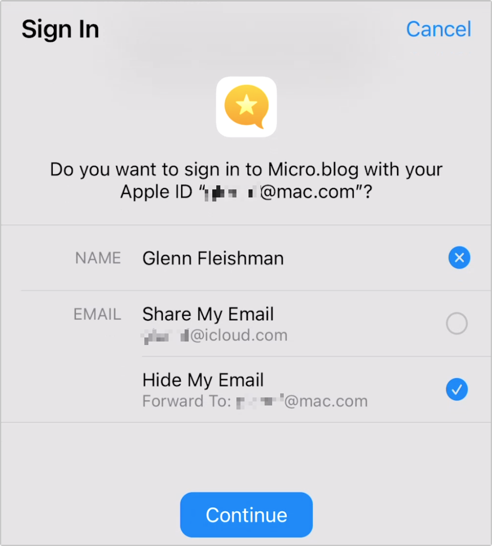 Figure 45: Sign in with Apple explains what’s about to take place, and offers options about identity and email.