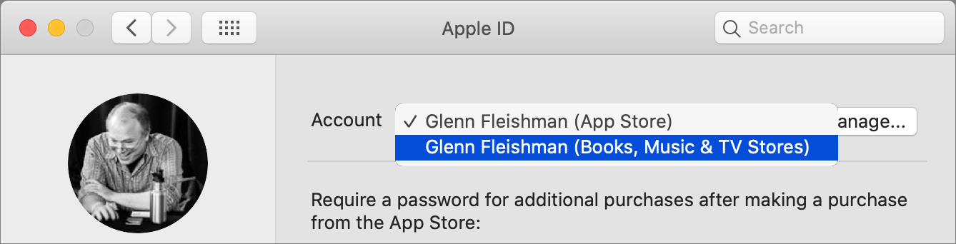 Figure 50: A pop-up menu appears once you log in to two or more accounts at an Apple store in Monterey. Here, see my main store ID for the App Store and the one I use with iCloud for the others.