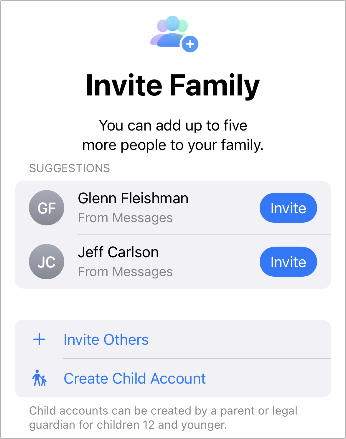 Figure 53: Family Sharing suggests potential members on its invitation screen.