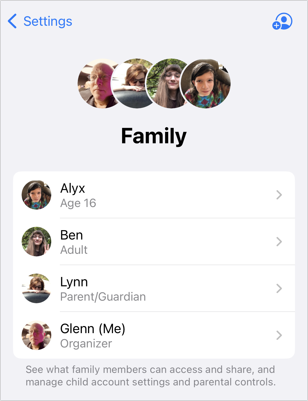 Figure 57: Family Sharing shows a list of members and their characteristics, like age or role. (iOS 16 shown here.)