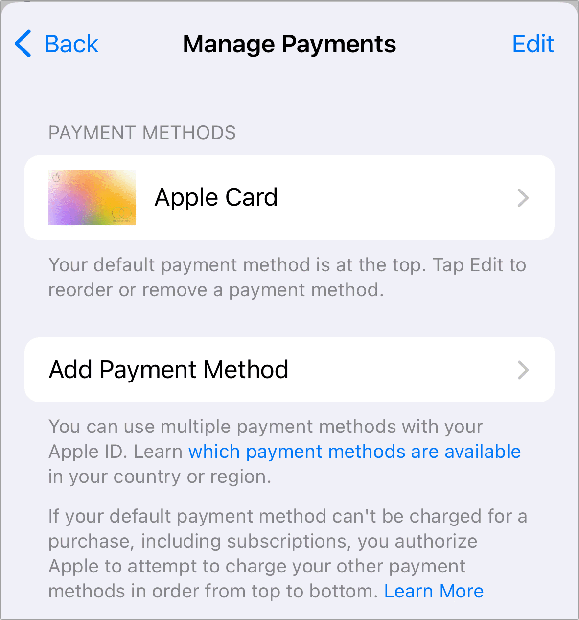 Figure 8: While this looks nearly identical to iCloud Payments & Shipping, these methods apply only to digital purchases, whether apps, media, or subscriptions.