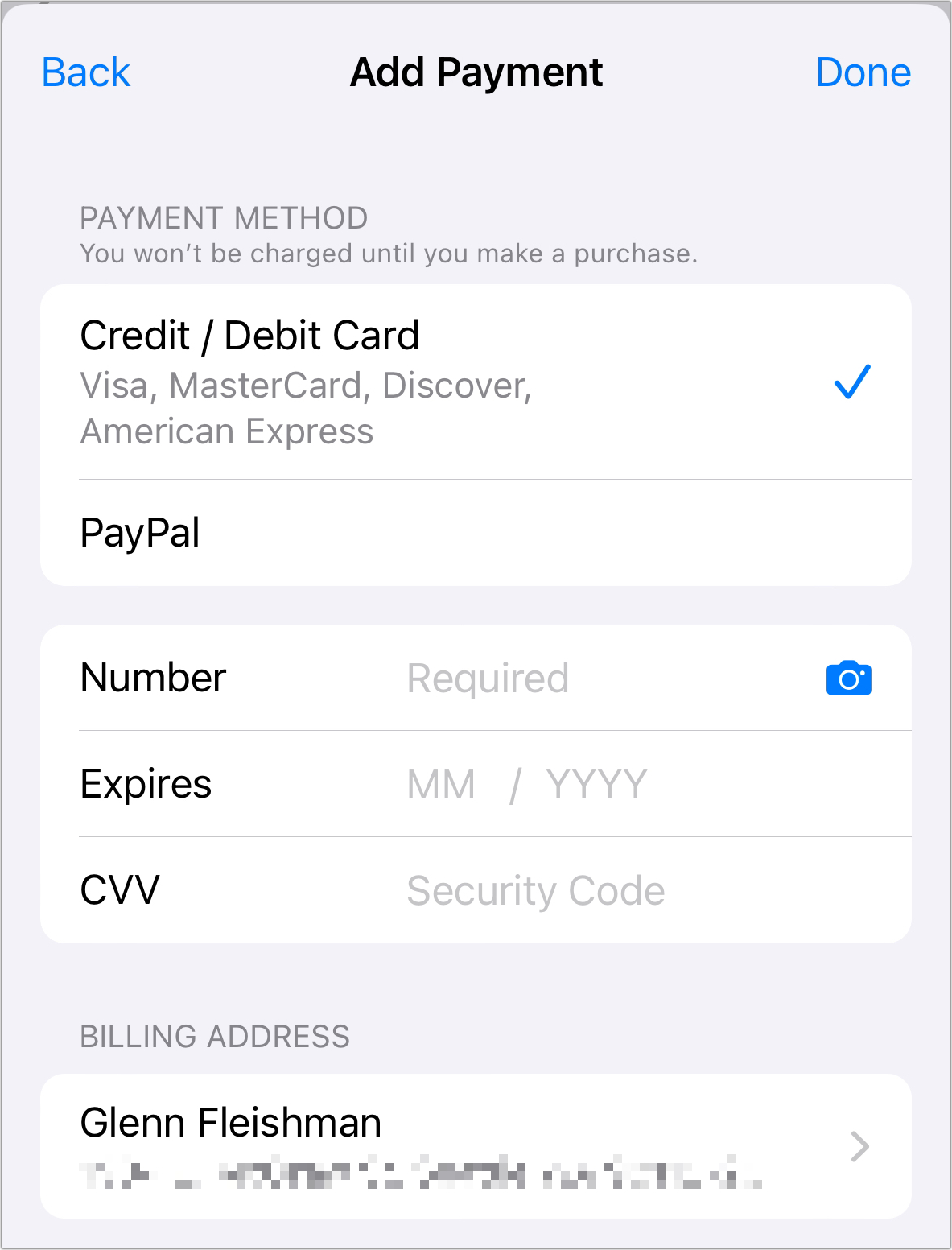 Figure 9: Adding a payment method allows you to enter information or, in many places, to use the device camera to capture details.