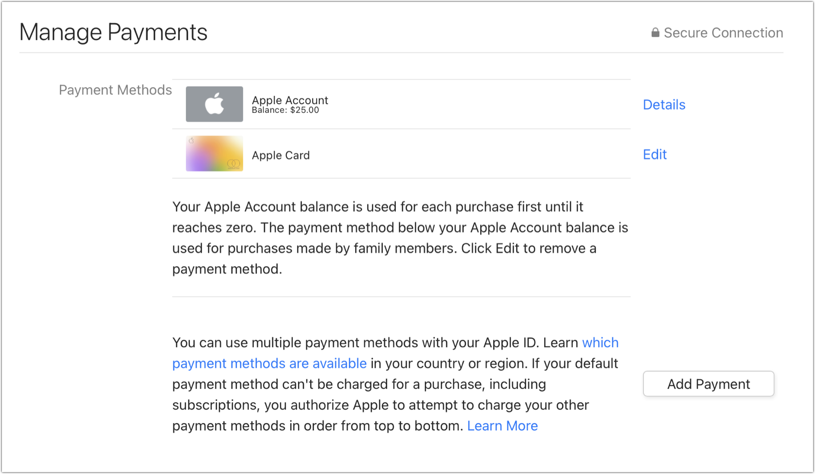 Figure 10: Manage your payment methods for digital purchases and subscriptions here and in several other places in macOS.