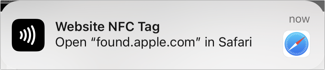 Figure 10: Hold an AirTag near a smartphone or other device with an NFC reader, and an alert appears.