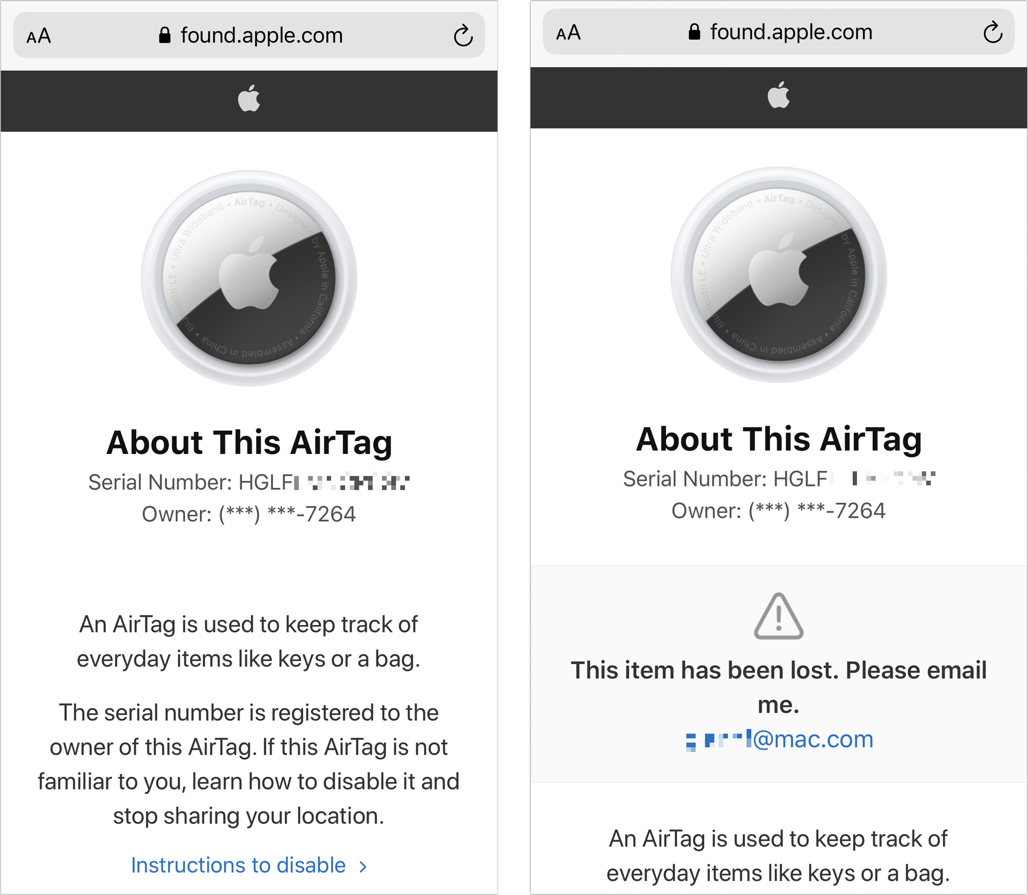 Figure 11: At left, an AirTag webpage for one that’s not marked as lost; at right, what’s shown when the AirTag has been lost.