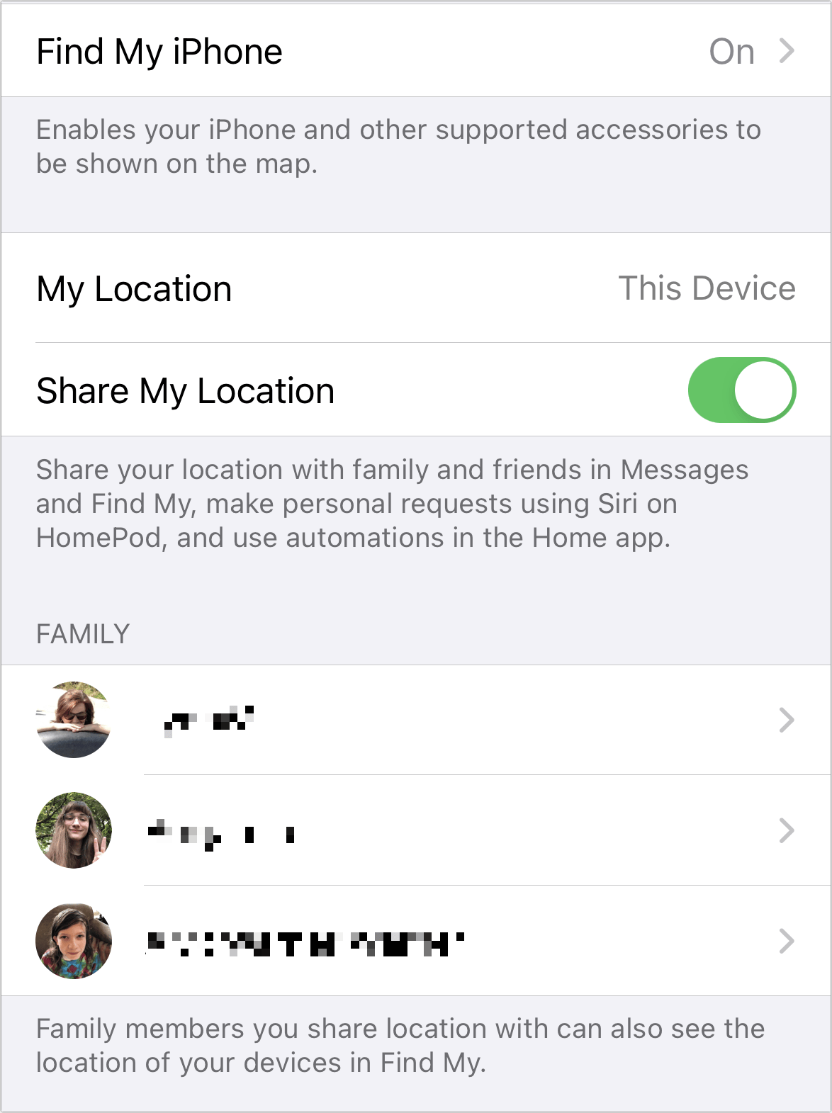 Figure 20: The general Location Sharing view can be reached from several locations and combines a few kinds of information. (Names blurred for privacy.)