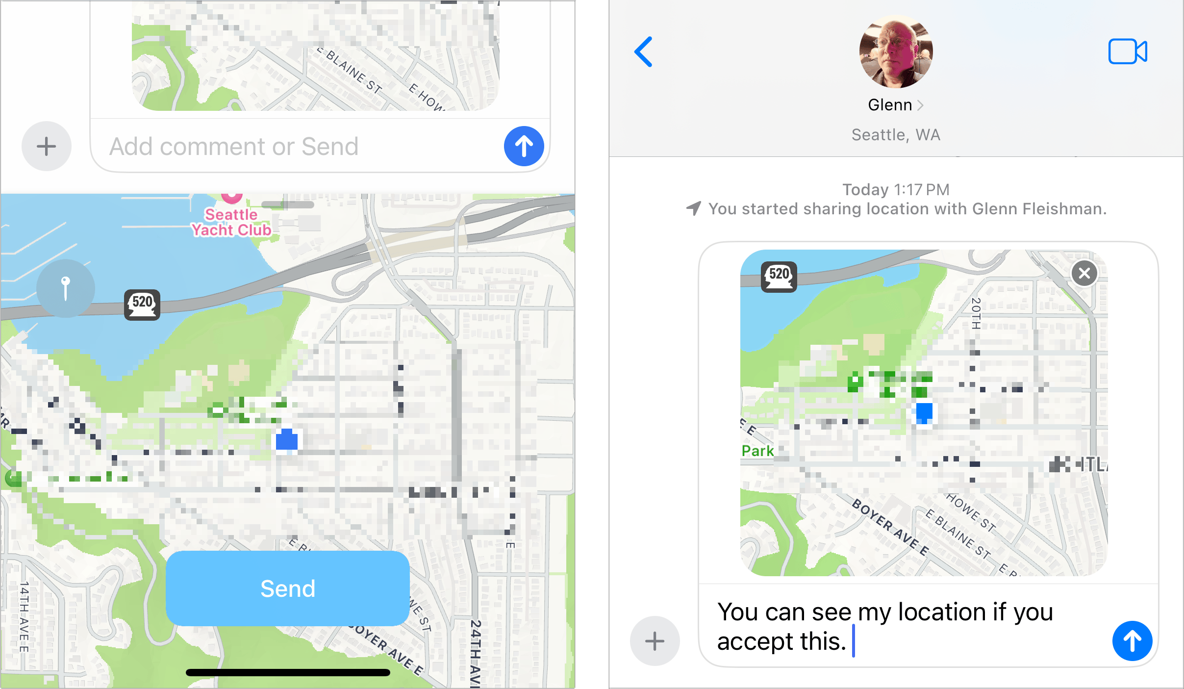 Figure 22: The latest Messages streamlines sharing your location. (Maps blurred for privacy.)