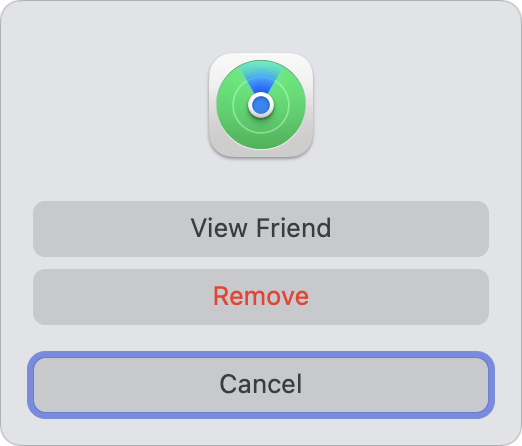 Figure 30: A bare-bones dialog lets you see where the sharing person is or remove them from Find My item sharing.