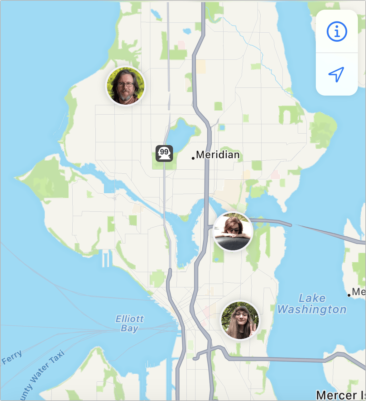 Figure 31: This map from Find My in iOS shows all the people I follow plotted around Seattle.