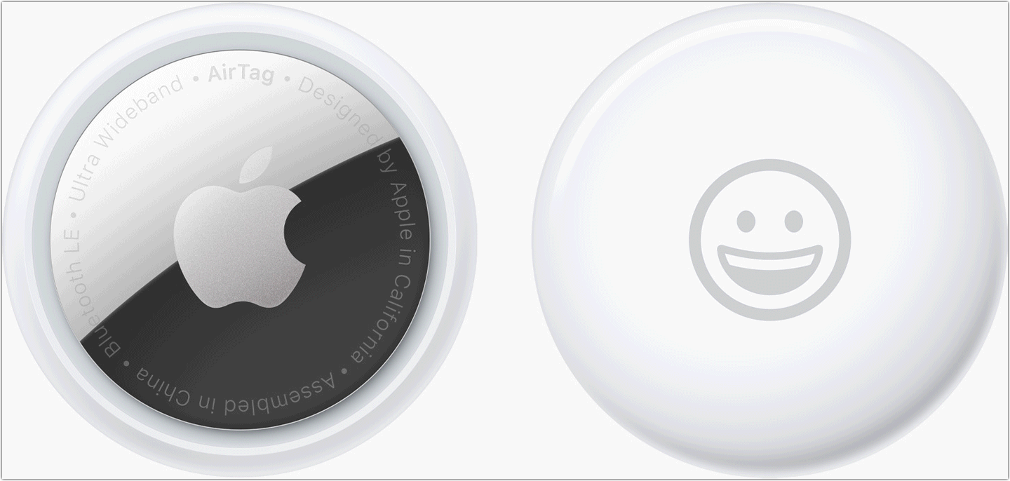 Figure 3: An AirTag has a metal back with an Apple logo and a white shiny front that can have certain customized text.