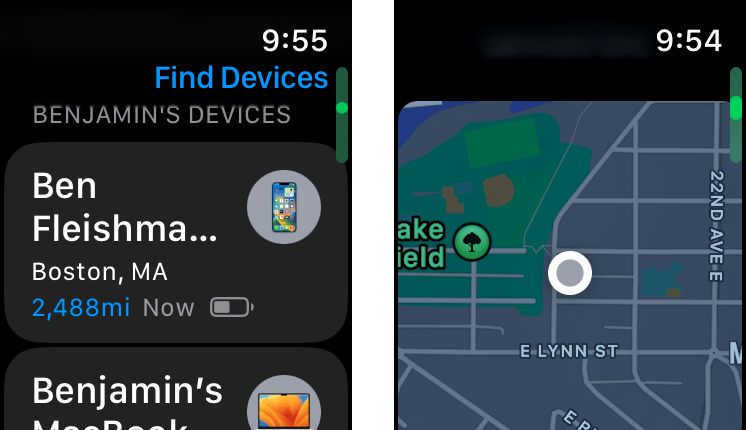 Figure 36: watchOS lets you review a list of devices and tap to see them placed on a map.