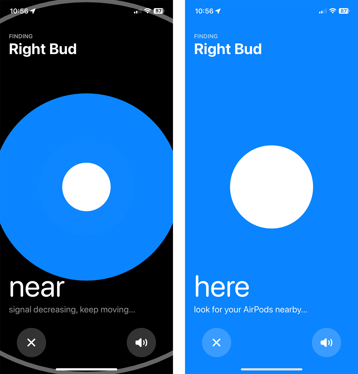 Figure 41: When tracking an earbud separately, Apple uses signal strength to provide clues (left) and tells you when you’re on top of one (right).