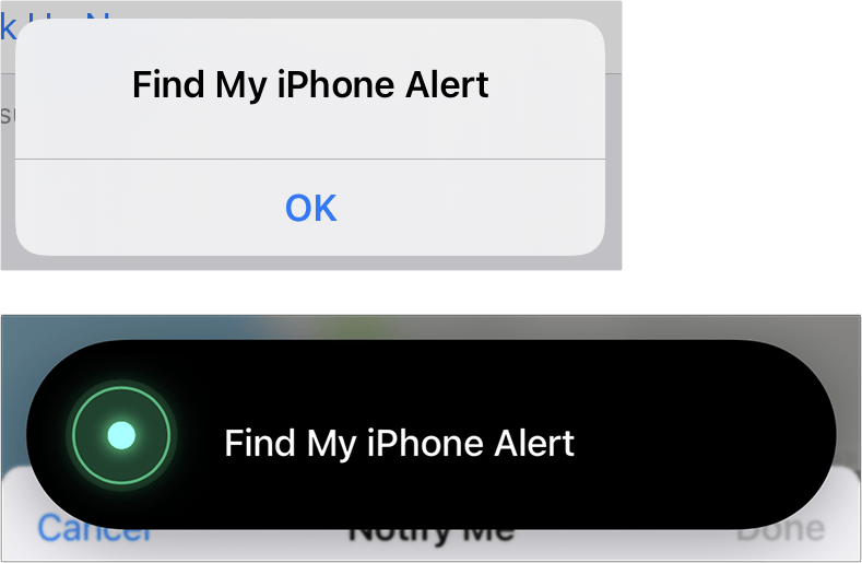 Figure 57: iOS shows this message when Play Sound is triggered: pre-iOS 17, top; iOS 17, bottom.