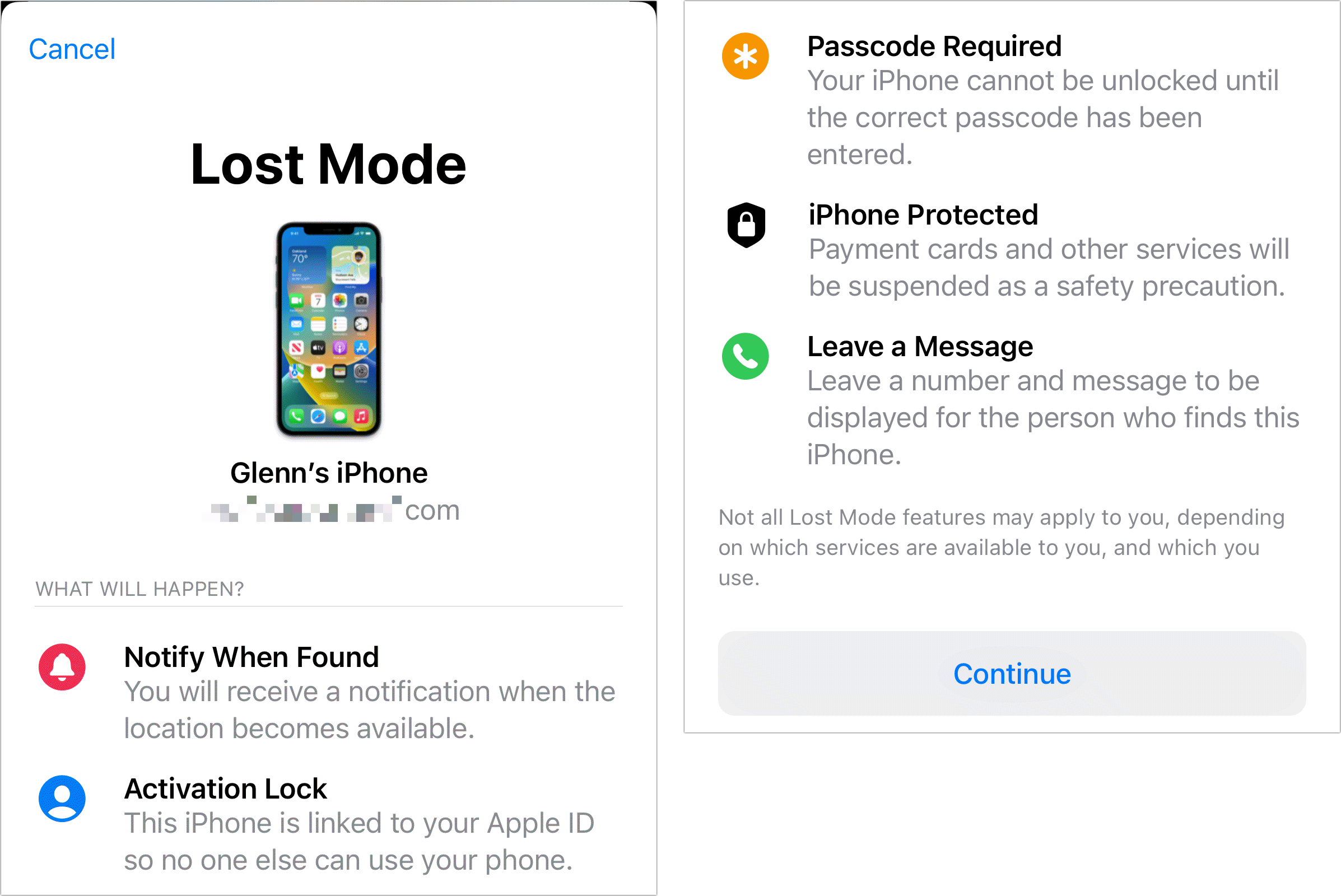 Figure 58: You can track and add info to an item marked as lost. (The iOS dialog is divided and placed side by side due to length.)