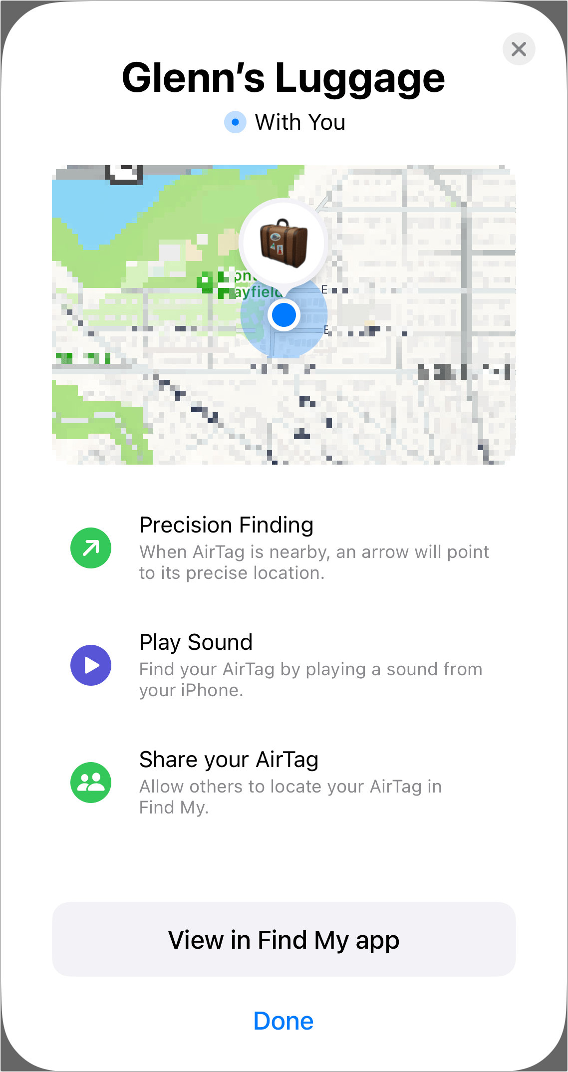 Figure 6: A panoply of actions awaits tracking your AirTag. (Map blurred for privacy.) Note that “Share your AirTag” is now emphasized in iOS 17, shown here.