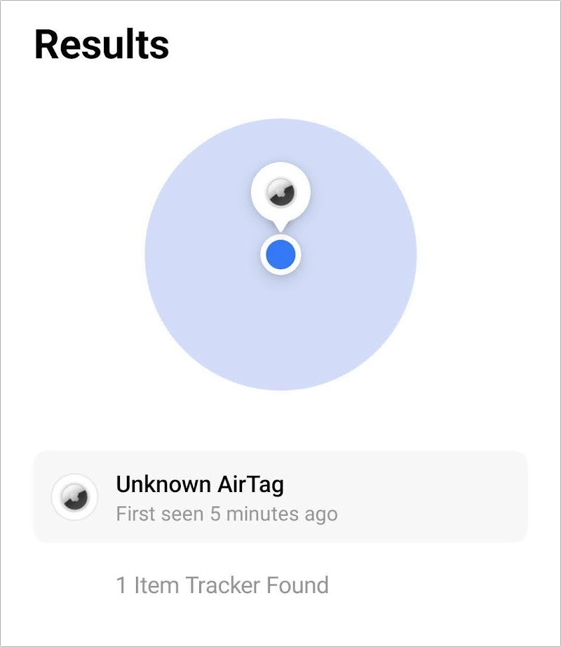 Figure 77: The Tracker Detect app reveals Find My items broadcasting in the vicinity for Android users.