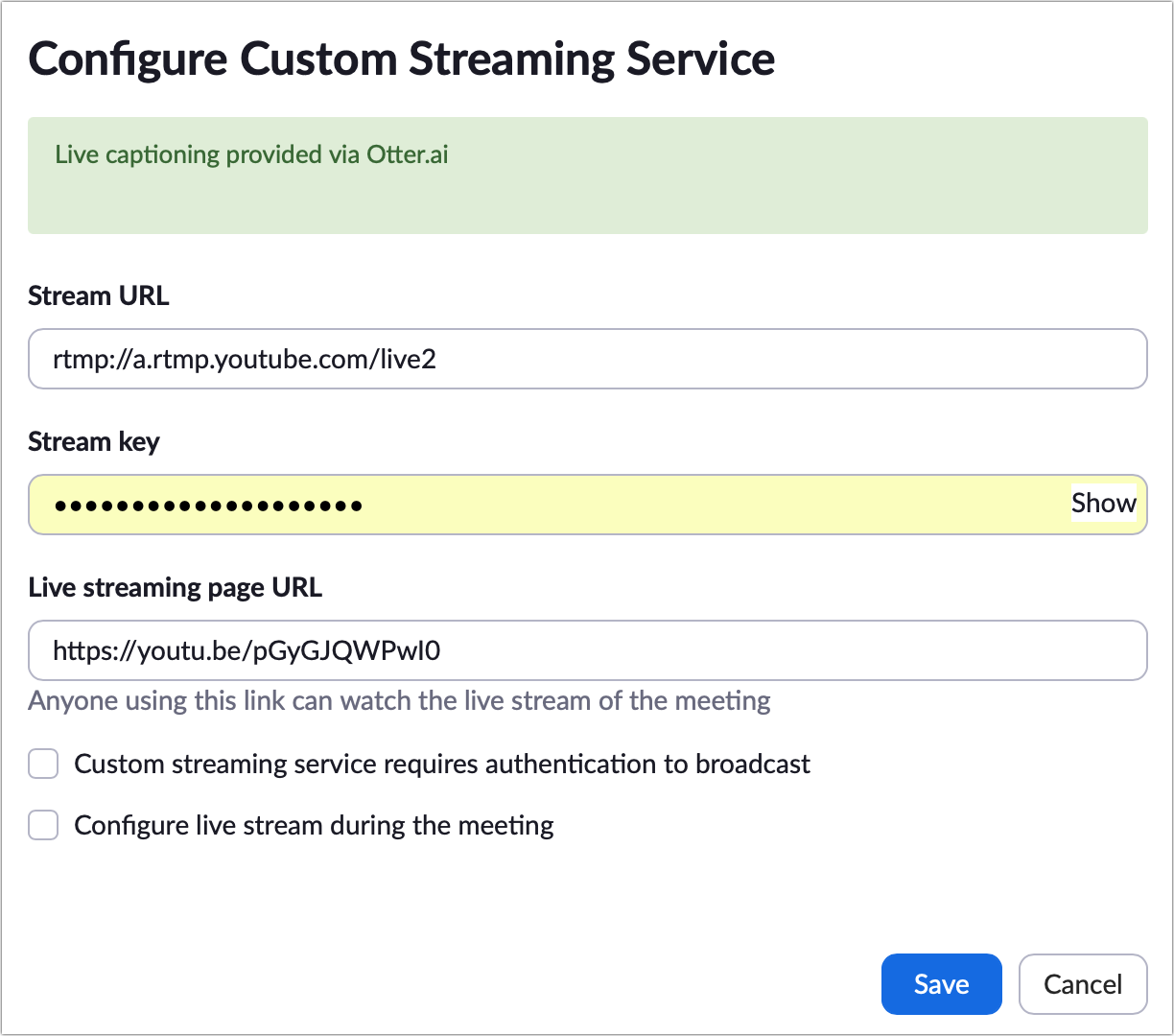 Figure 121: Configure livestreaming via the website.