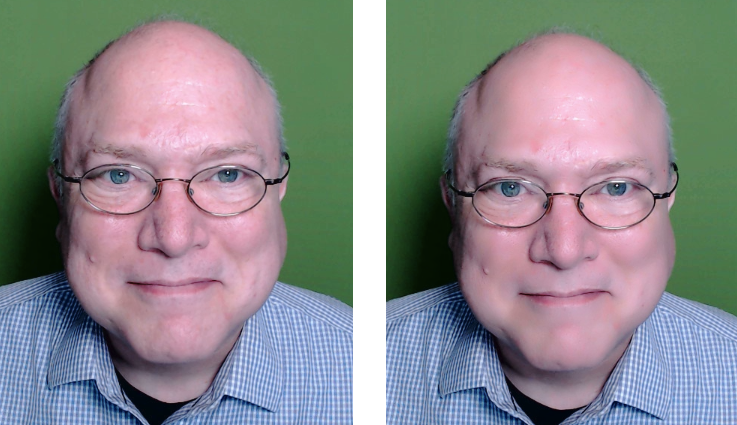 Figure 17: My smiling, slightly grizzled face (left) becomes sleeker, as my pores and uneven skin tone have been removed.