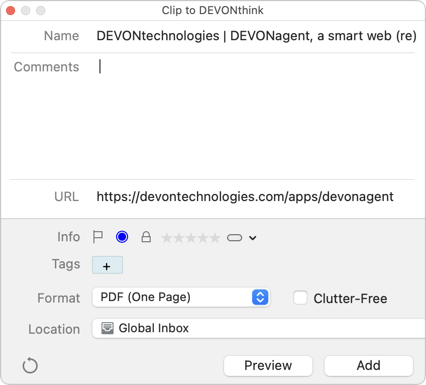 Figure 44: When you use the Clip to DEVONthink browser extension or bookmarklet, you can add a note, enter tags, and choose a format here.