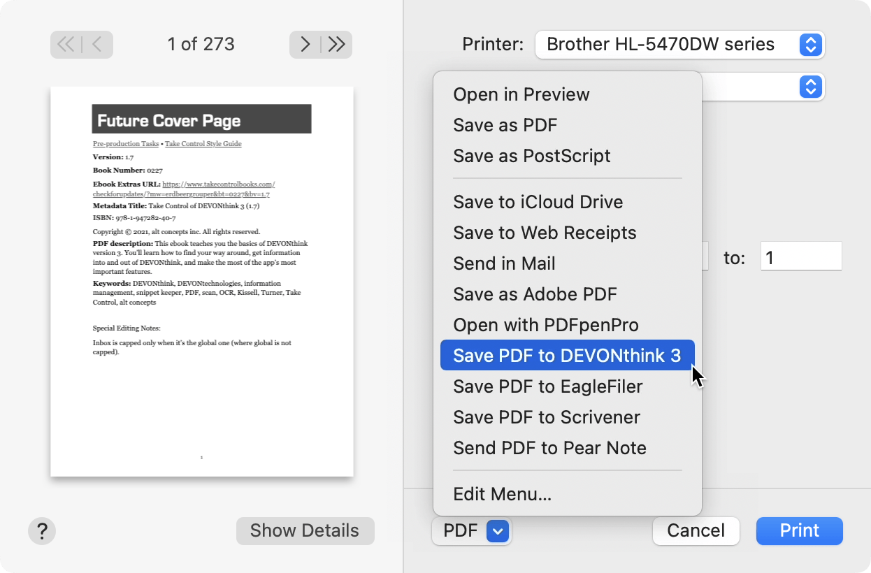 Figure 47: In any Print dialog, choose Save PDF to DEVONthink 3 from the PDF pop-up menu to add a PDF of the current document to DEVONthink.