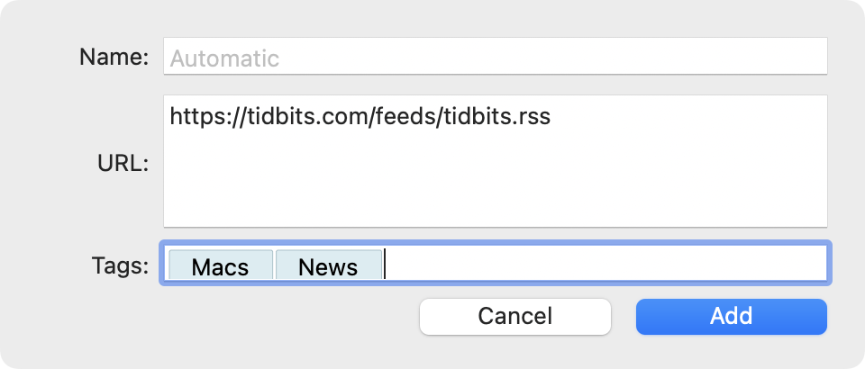 Figure 52: Enter a feed’s URL and any tags you want to apply to it in this dialog.