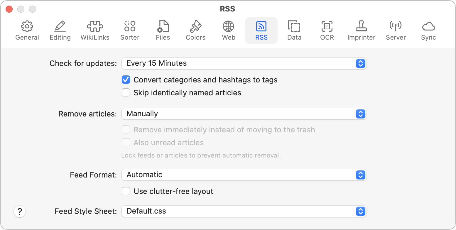 Figure 54: Set preferences here for handling RSS feeds.