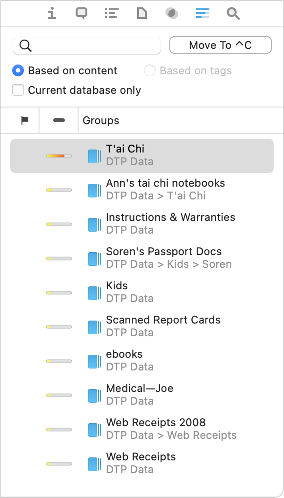 Figure 55: The Groups portion of the See Also & Classify inspector shows groups that may be a good home for the selected document.