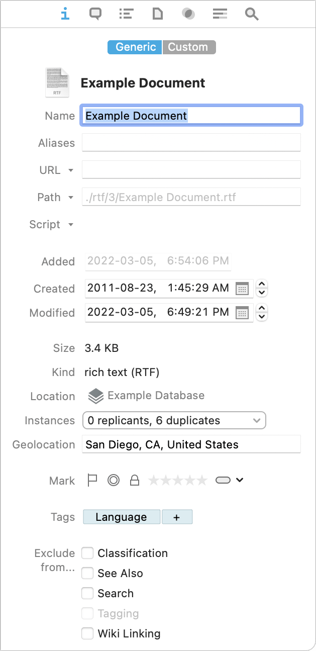 Figure 56: Add or edit metadata in the Info inspector.