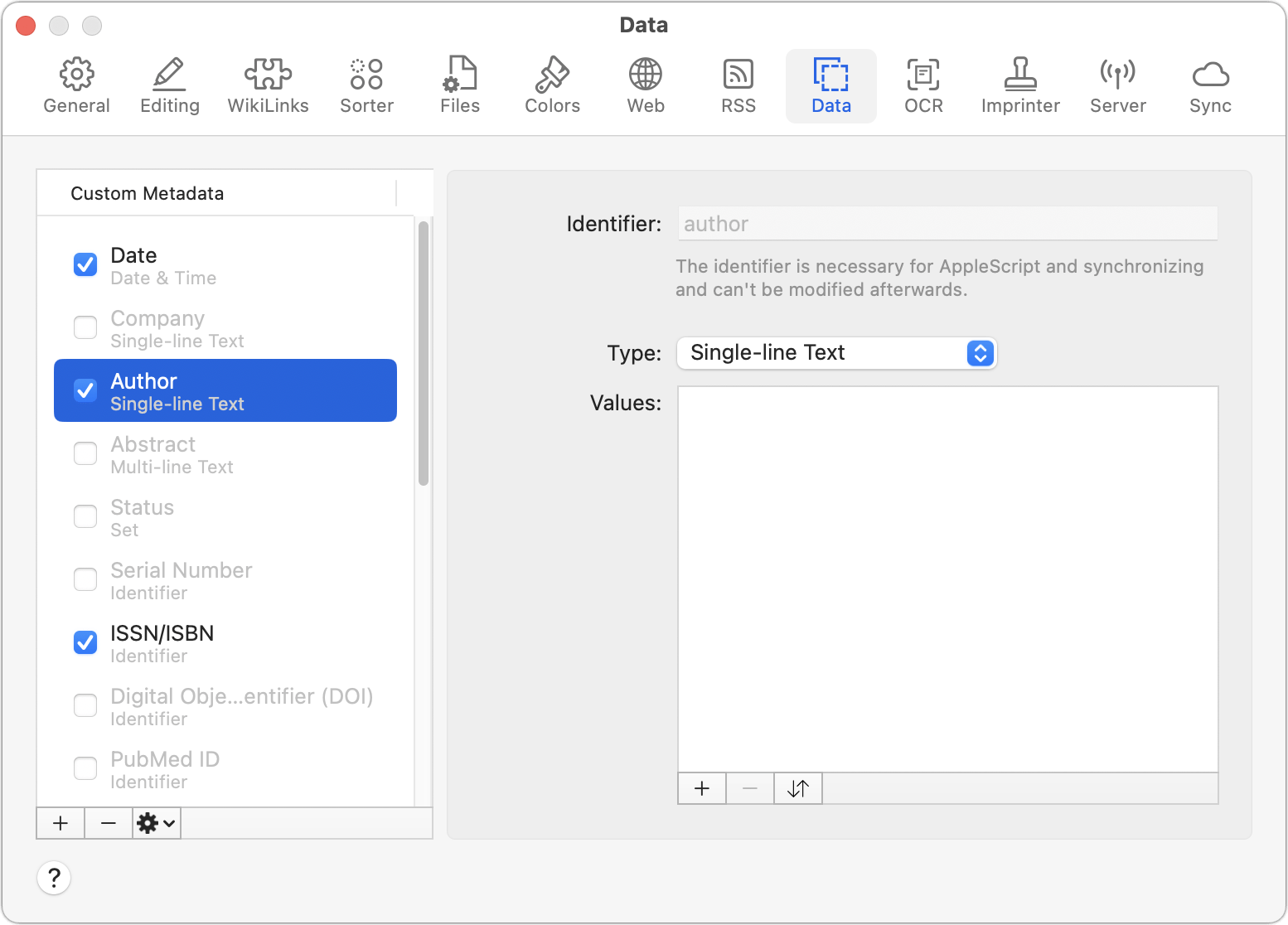 Figure 58: Configure custom metadata fields on the Data preference pane.