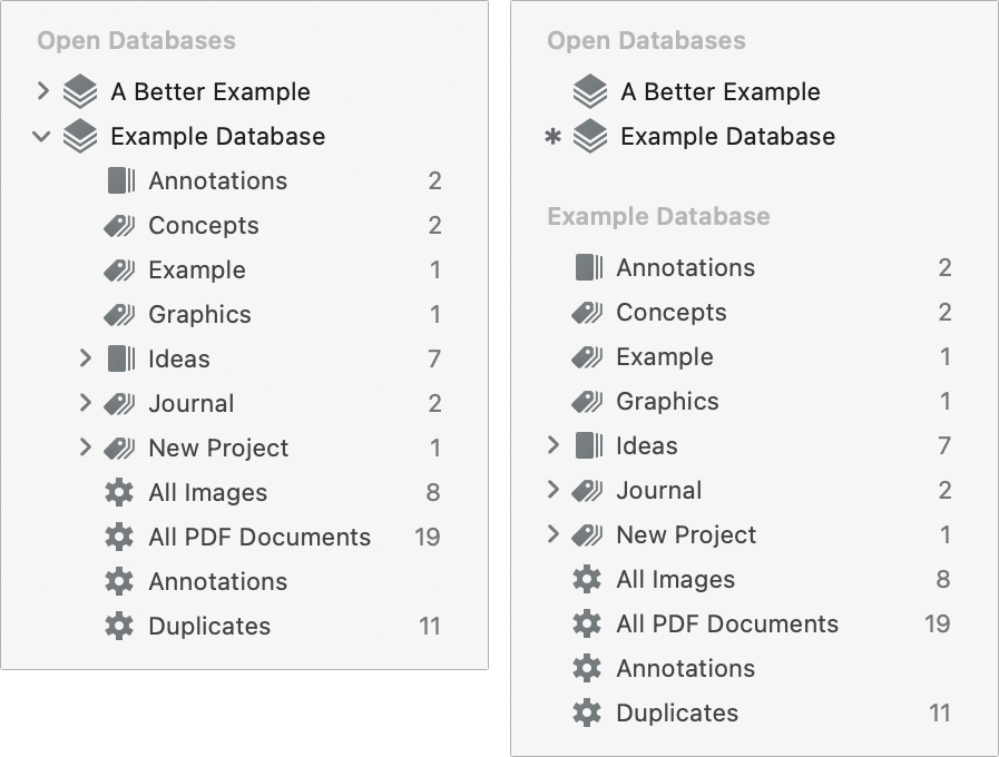 Figure 8: The effect of having “Unify databases” on (left) and off (right). In the latter, the selected database, expanded under its own heading, has an asterisk (*) next to its name under Open Databases.