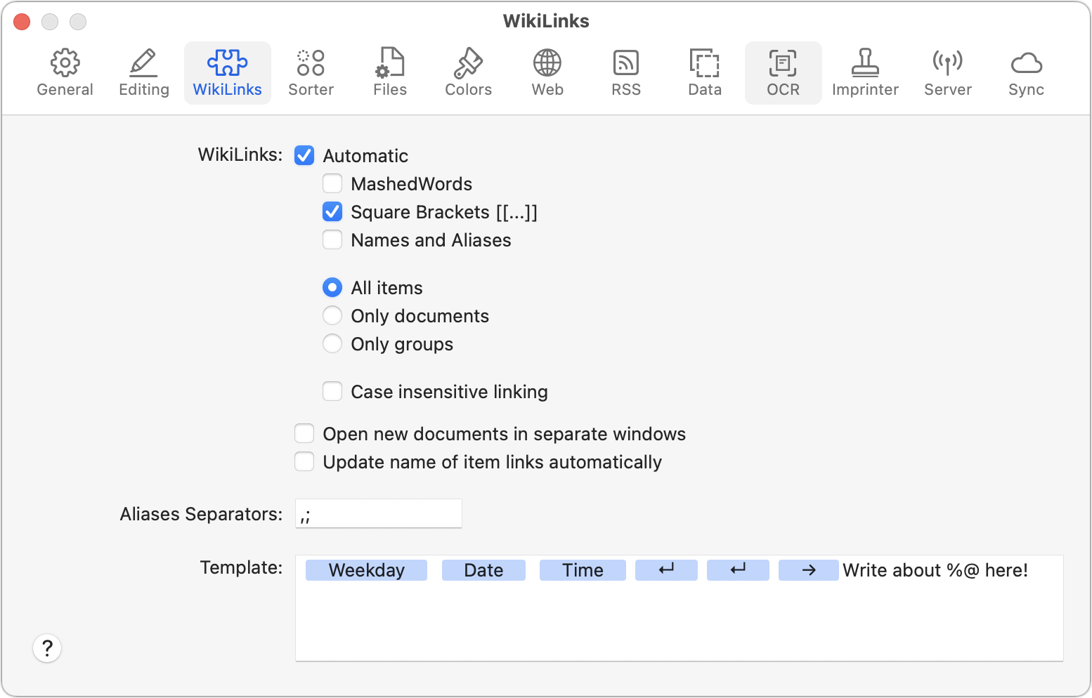 Figure 60: Adjust preferences for WikiLink behavior in the WikiLinks preference pane.