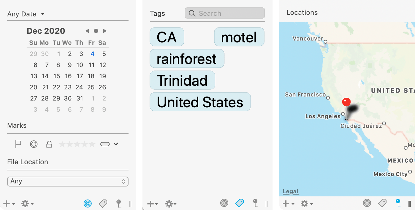 Figure 61: Filters, from left to right: info, tags, and location.