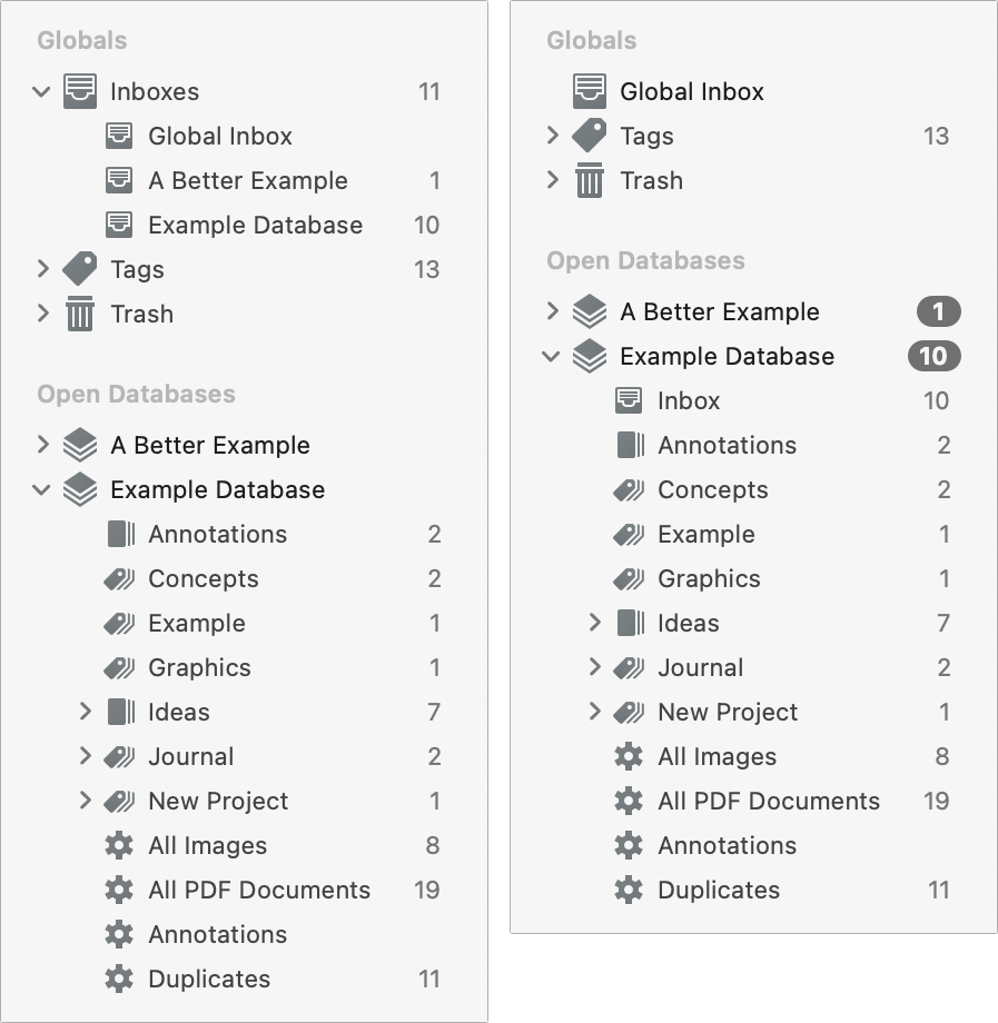 Figure 9: The effect of having “Unify inboxes” on (left) and off (right).