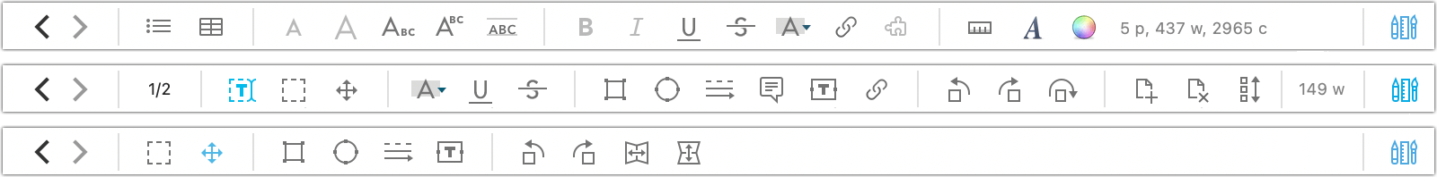 Figure 69: The editing bar as it appears for a rich text document (top), a PDF (middle), and an image (bottom).