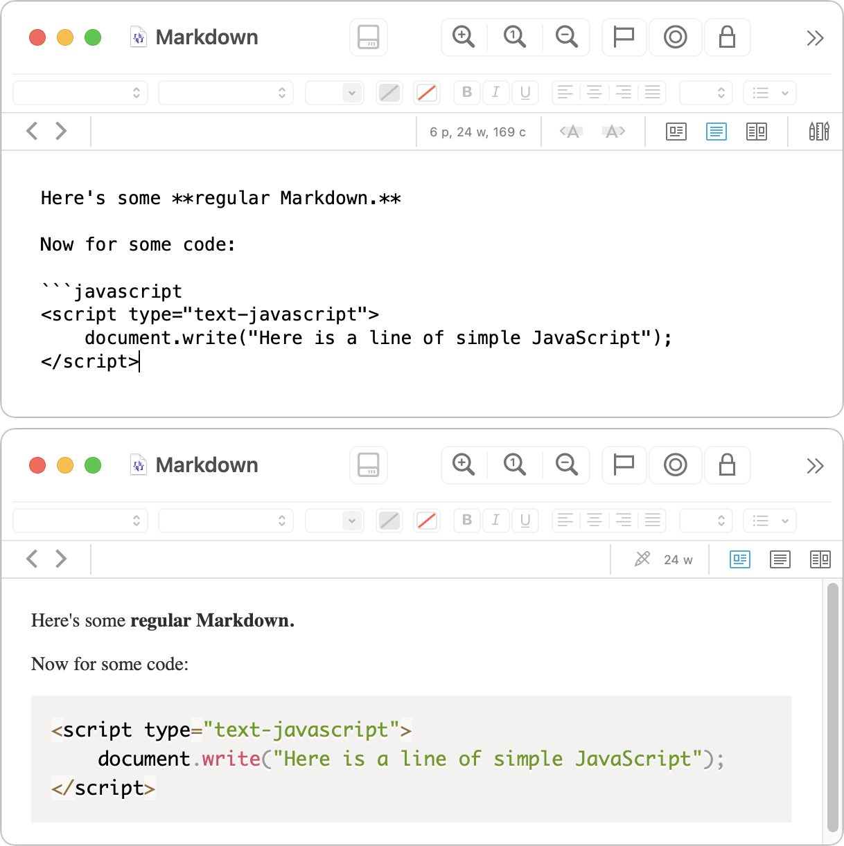 Figure 73: Plain Markdown with a bit of embedded code (top) can appear, in preview mode, with syntax coloring (bottom).