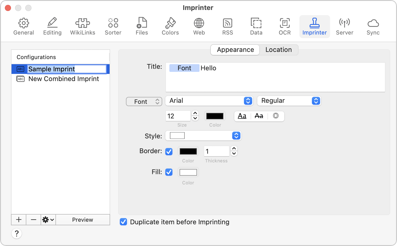 Figure 77: Set up the contents and appearance of imprints here.