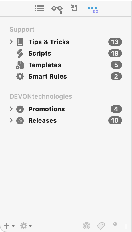 Figure 12: The Extras sidebar gives you another way to access the latest tools and info from DEVONtechnologies.