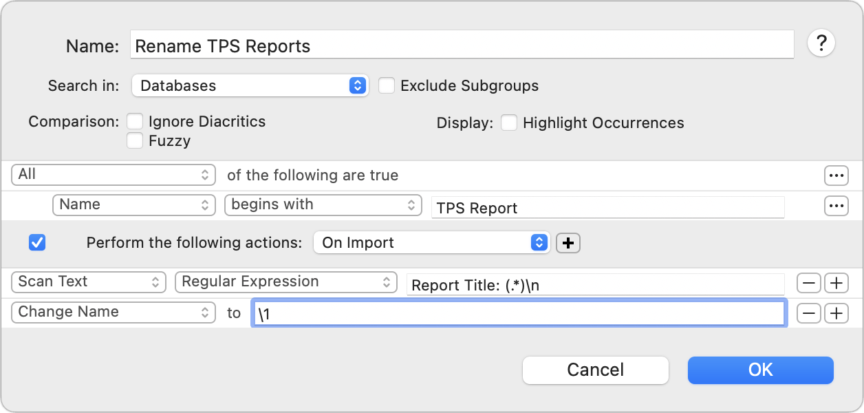 Figure 80: This smart rule looks for a text pattern within certain imported documents and uses it to rename those documents.