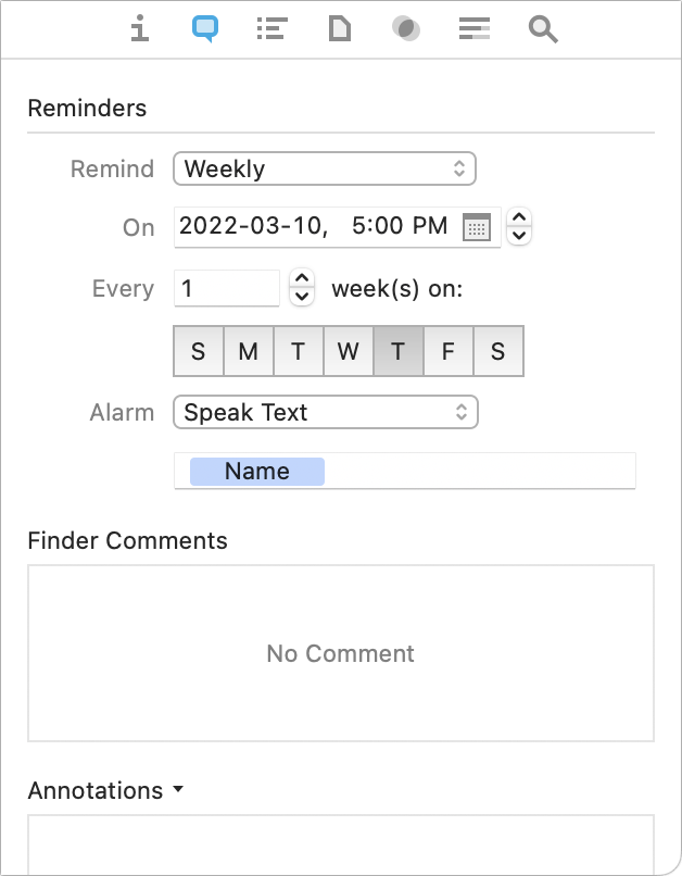 Figure 81: The Annotations & Reminders inspector as it appears with a weekly reminder set.