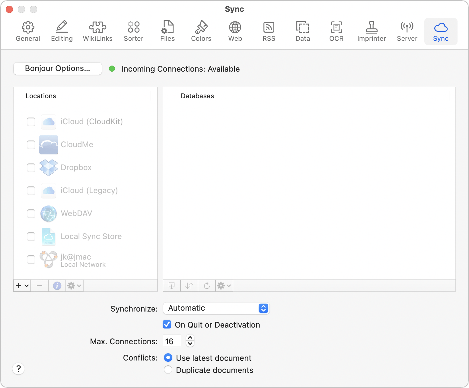 Figure 82: DEVONthink’s Sync preference pane looks like this before you configure syncing.