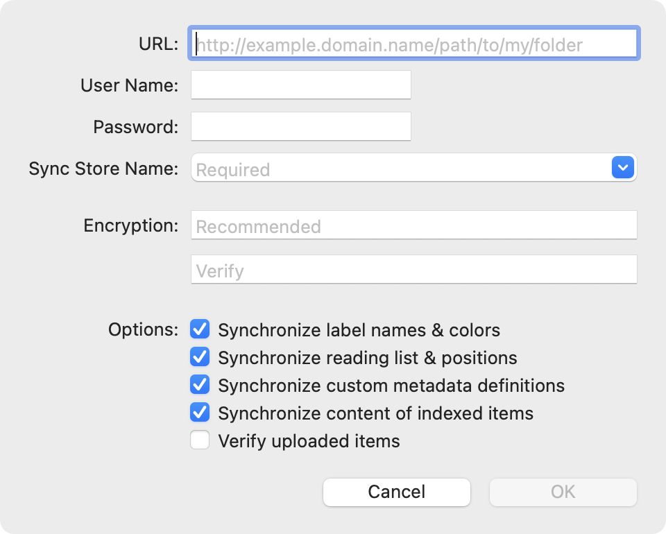 Figure 85: This dialog appears after you select WebDAV in the Locations list. (Other locations display variations on this dialog with fewer controls.)