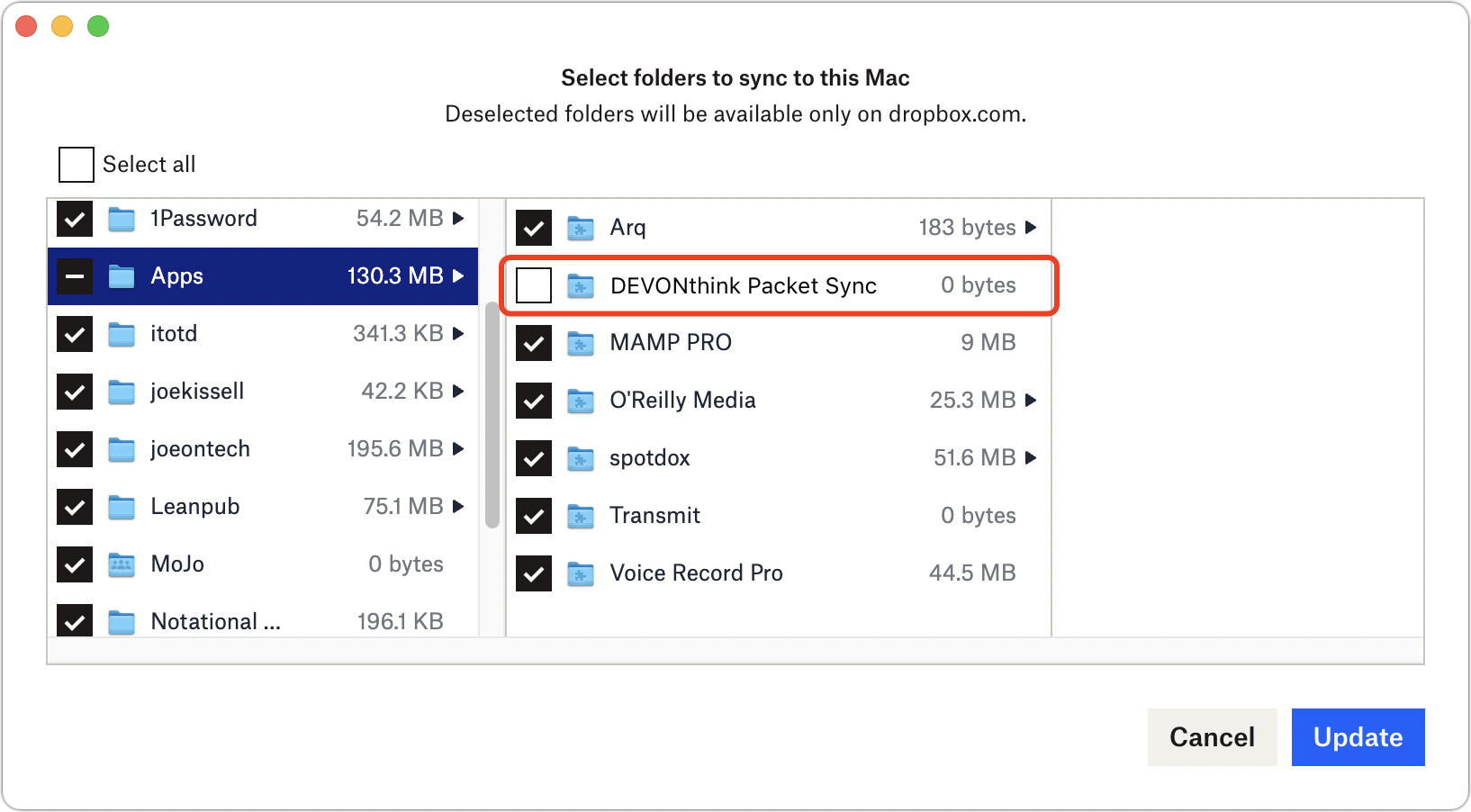 Figure 86: Deselect the DEVONthink Packet Sync checkbox to avoid making a duplicate copy of your sync data on your Mac.