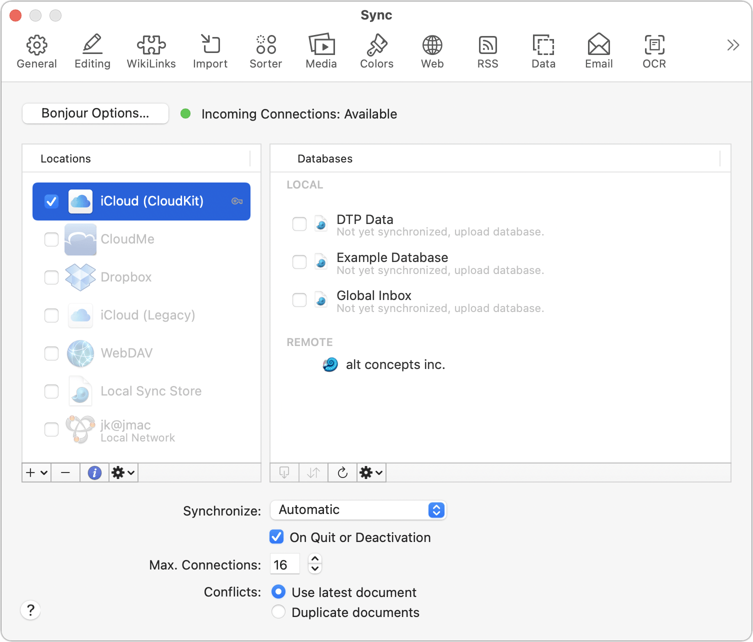 Figure 87: With a location selected (that is, not just checked, but also highlighted) on the left, select which databases to sync with that location on the right.