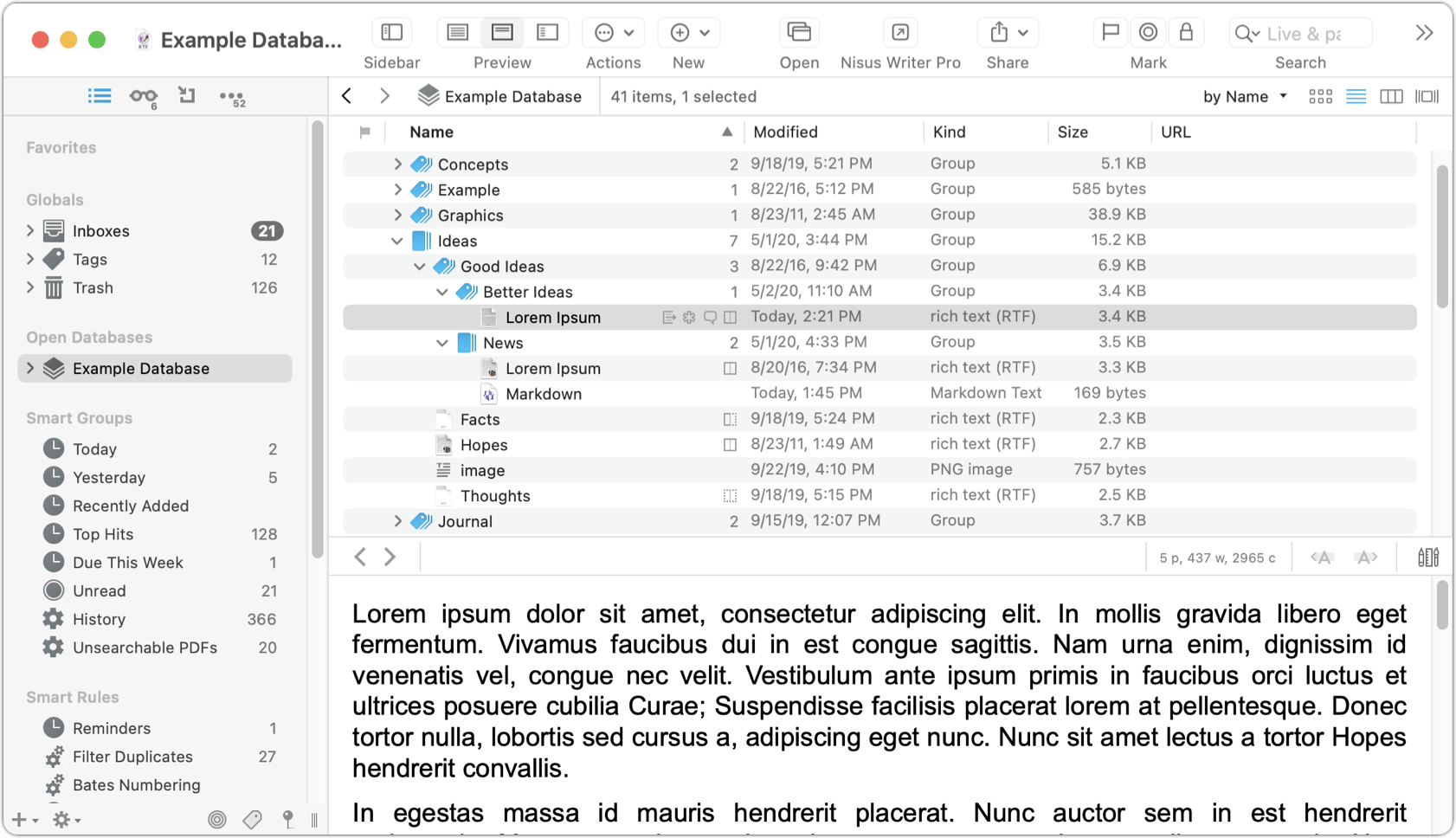 Figure 15: List view provides more (and configurable) detail about each item in your database, and lets you see the contents of groups at a glance.