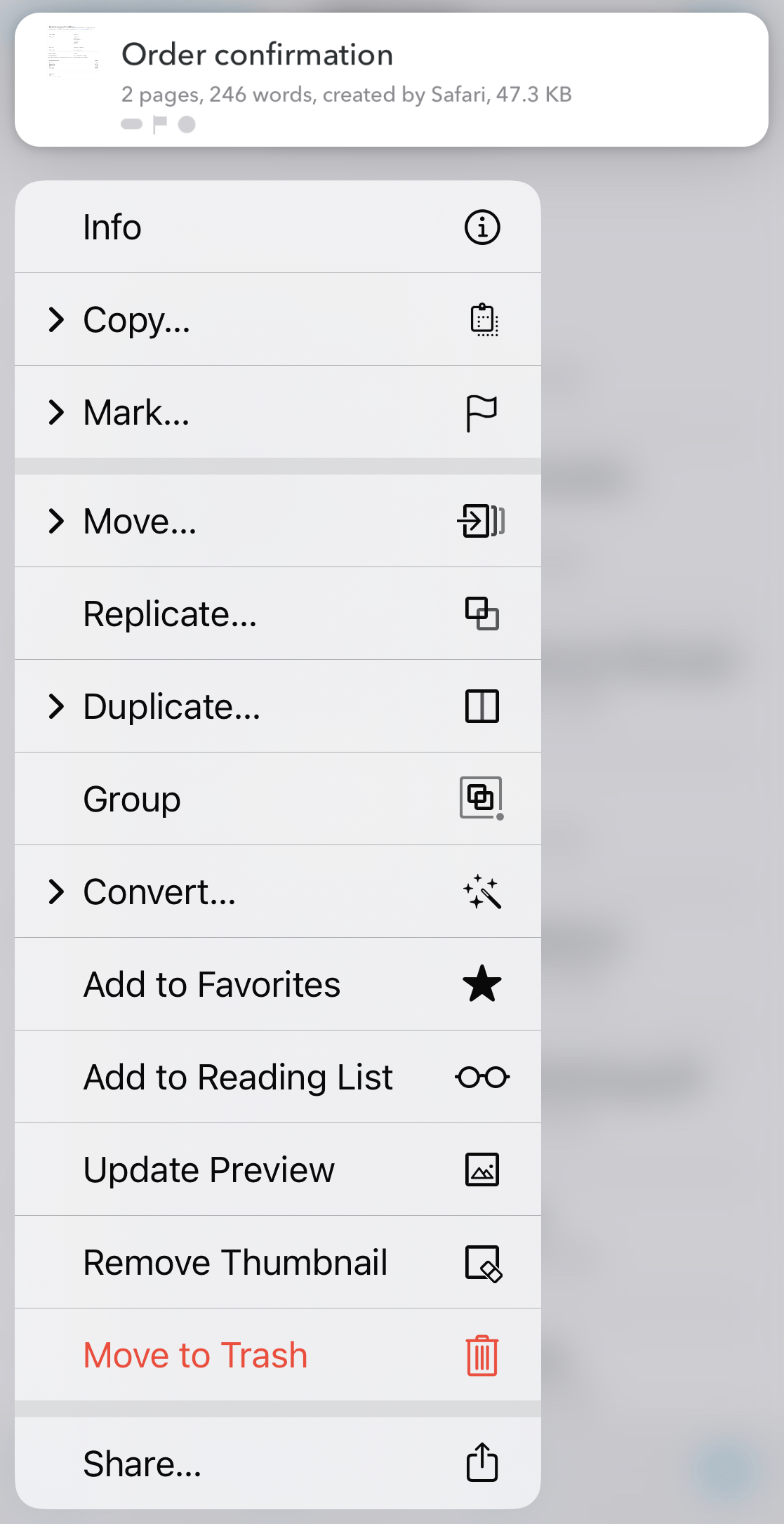 Figure 88: A context menu as it appears with a PDF selected.