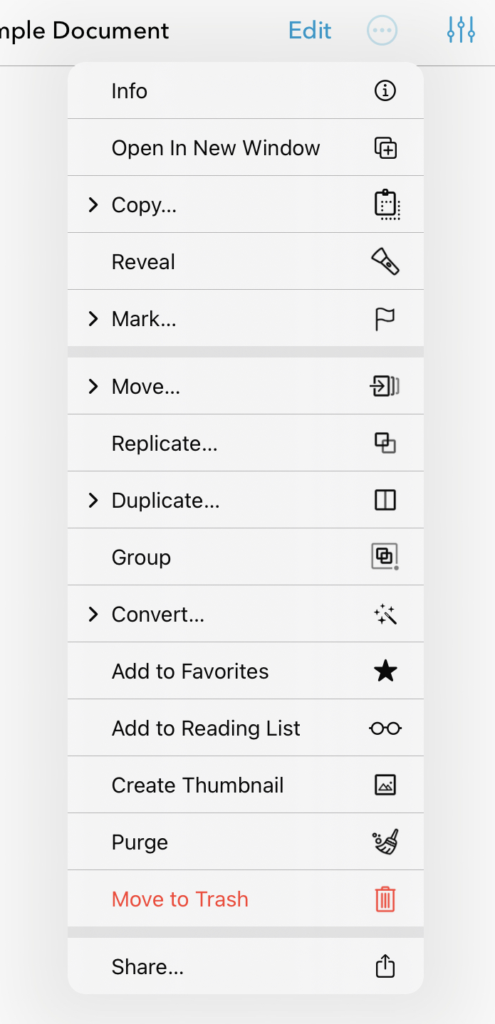 Figure 89: This pop-up menu displays whichever organizational commands are relevant to the selected item(s).