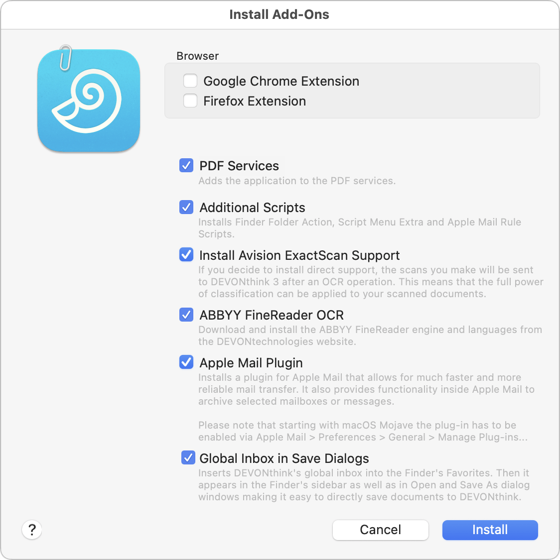 Figure 3: This window enables you to install useful add-ons with just a few clicks. (The “Install Avision ExactScan Support” checkbox appears only if you already have ExactScan installed.)