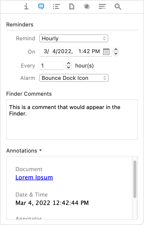 Figure 23: The Annotations & Reminders inspector lets you set reminders and add comments and annotations.